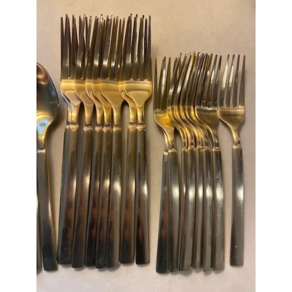 Gold Stainless Steel Flatware Set 39 Piece Modern Square Handle Satin Finish